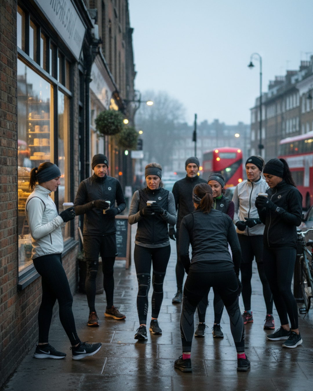 Group of people standing on a city street, possibly after a run or workout.